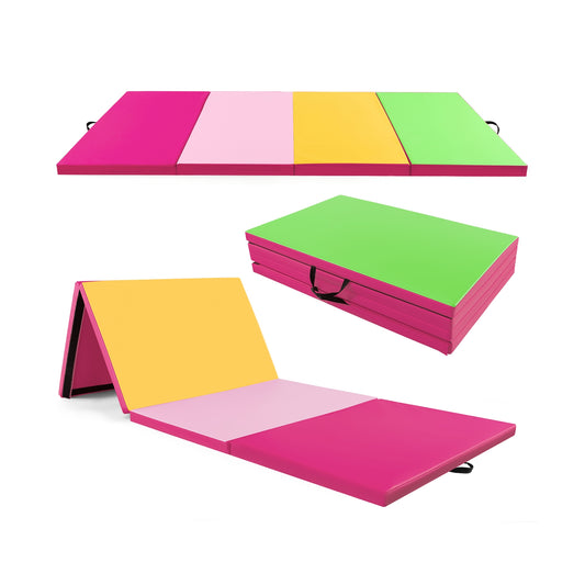 4-Panel PU Leather Folding Exercise Mat with Carrying Handles-Green