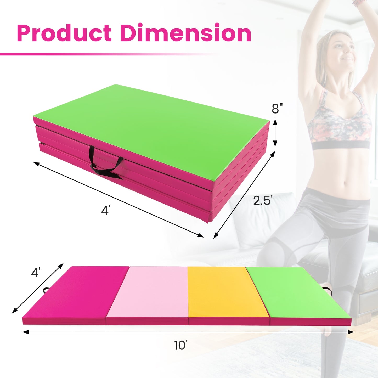 4-Panel PU Leather Folding Exercise Mat with Carrying Handles-Green