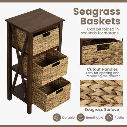 3/4-Tier Nightstand with 2/3 Seagrass Baskets Narrow X-Design-3 Baskets