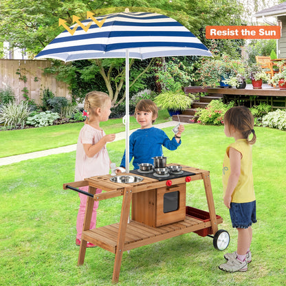 Wooden Play Cart with Sun Proof Umbrella for Toddlers Over 3 Years Old-Blue