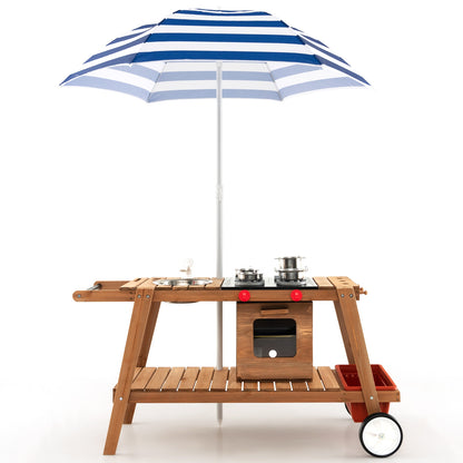Wooden Play Cart with Sun Proof Umbrella for Toddlers Over 3 Years Old-Blue