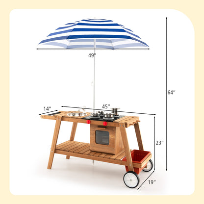 Wooden Play Cart with Sun Proof Umbrella for Toddlers Over 3 Years Old-Blue