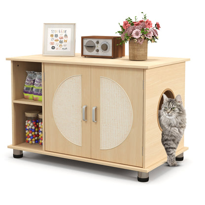 Cat Litter Box Enclosure with Sisal Scratching Doors and Adjustable Metal Feet-Natural
