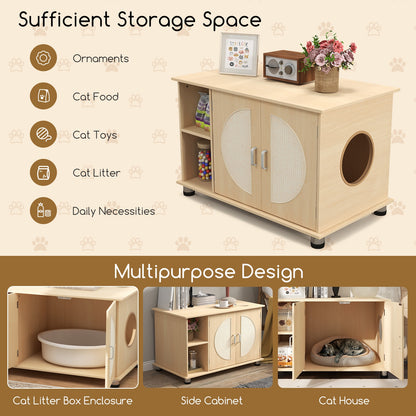 Cat Litter Box Enclosure with Sisal Scratching Doors and Adjustable Metal Feet-Natural