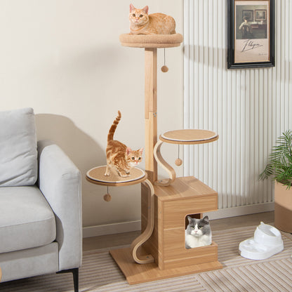 4-Layer Wooden Cat Tree 51" Tall Cat Tower with Condo and Washable Cushions-Natural