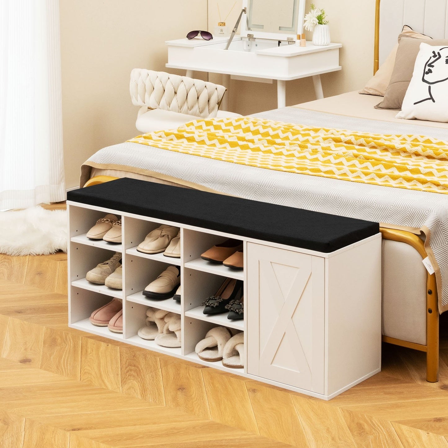 9-cube Shoe Bench with Adjustable Shelves and Removable Padded Cushion-Gray