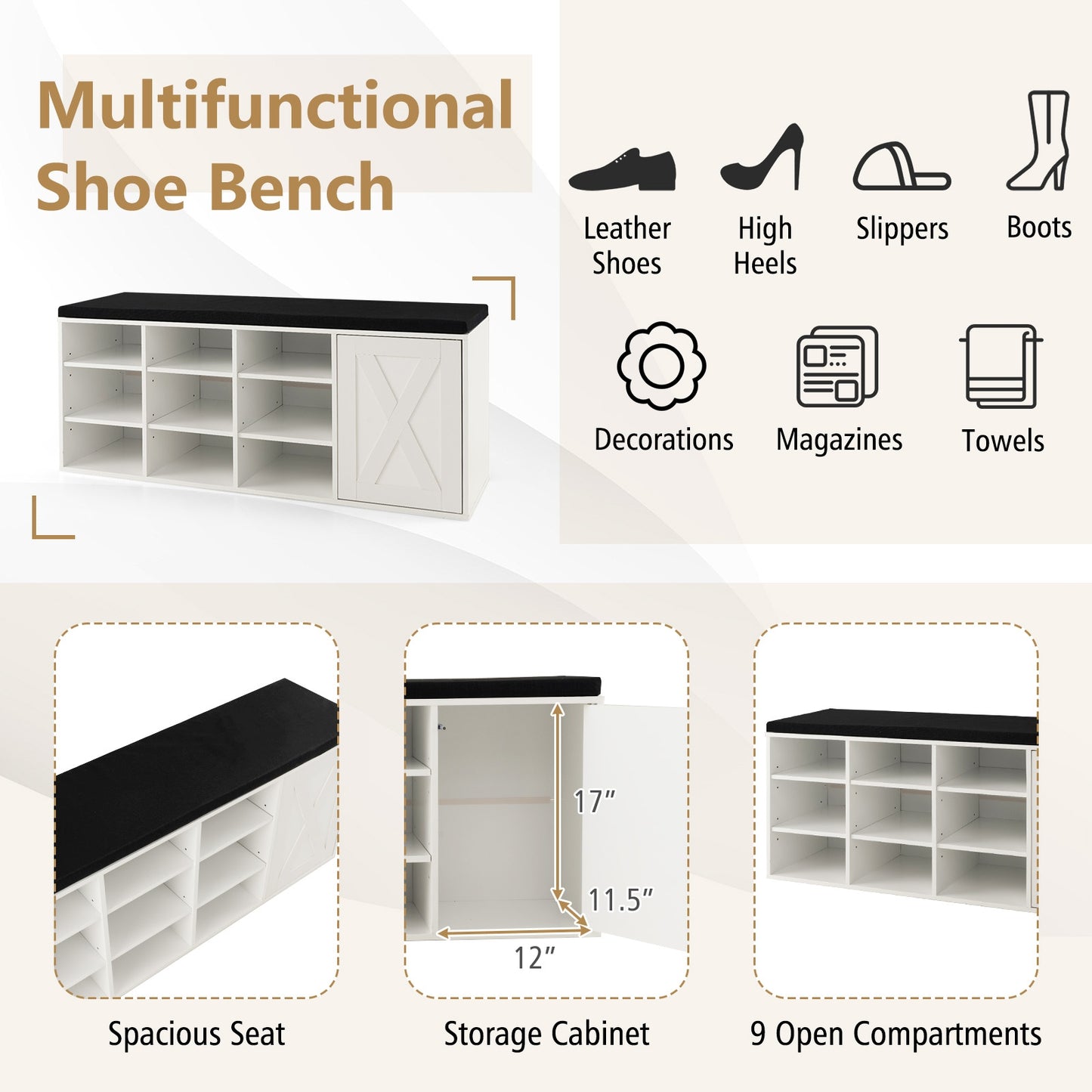 9-cube Shoe Bench with Adjustable Shelves and Removable Padded Cushion-White