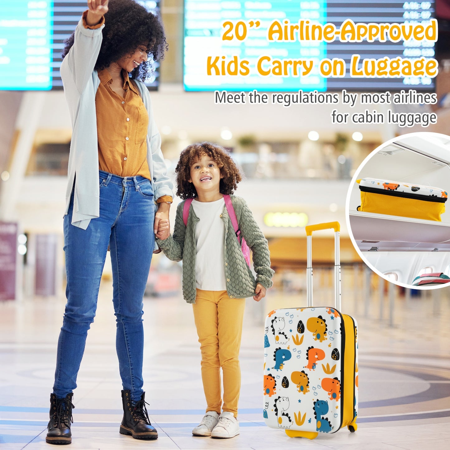20 Inch Kids Rolling Luggage Foldable Hardshell Carry-on Suitcase on Wheels-Yellow