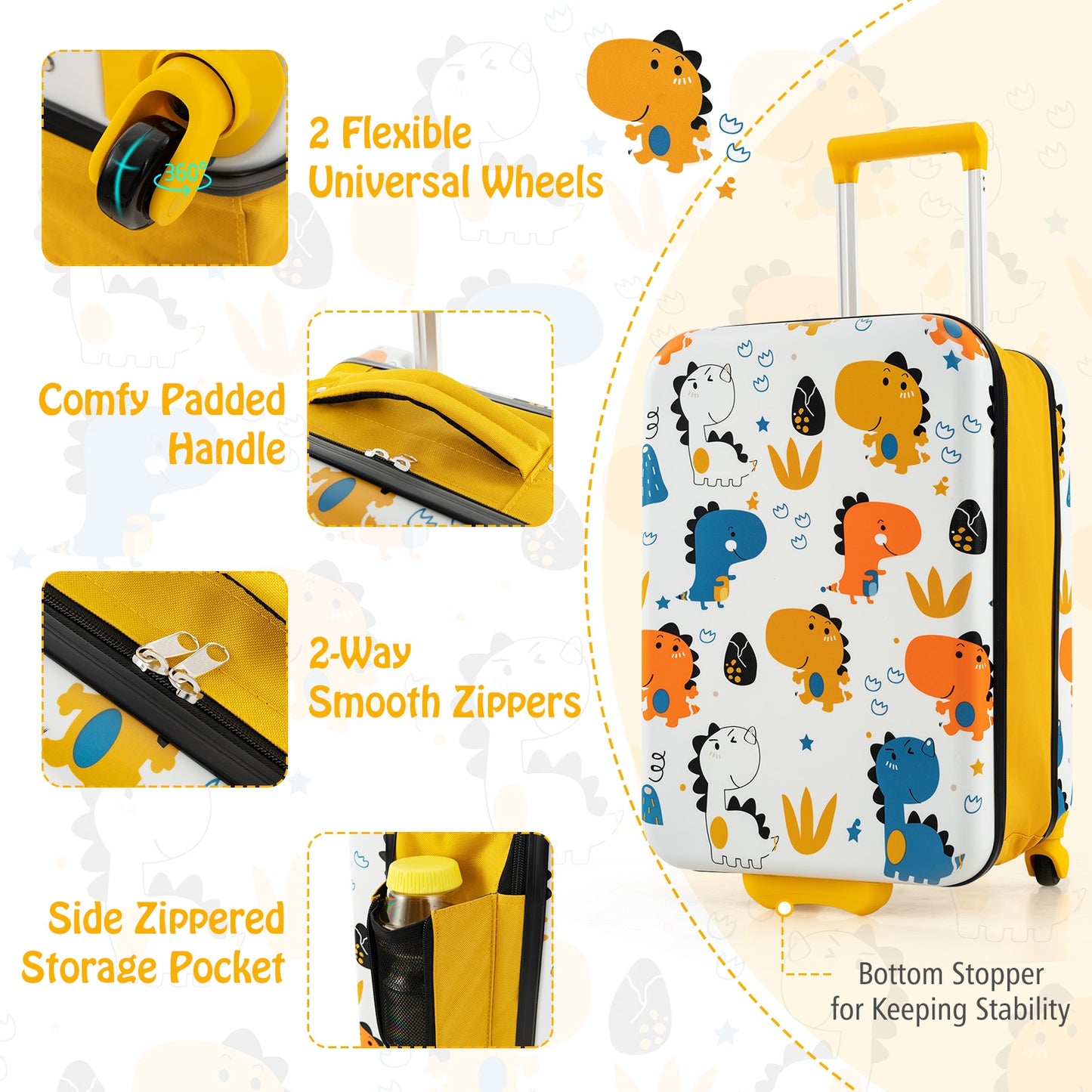 20 Inch Kids Rolling Luggage Foldable Hardshell Carry-on Suitcase on Wheels-Yellow