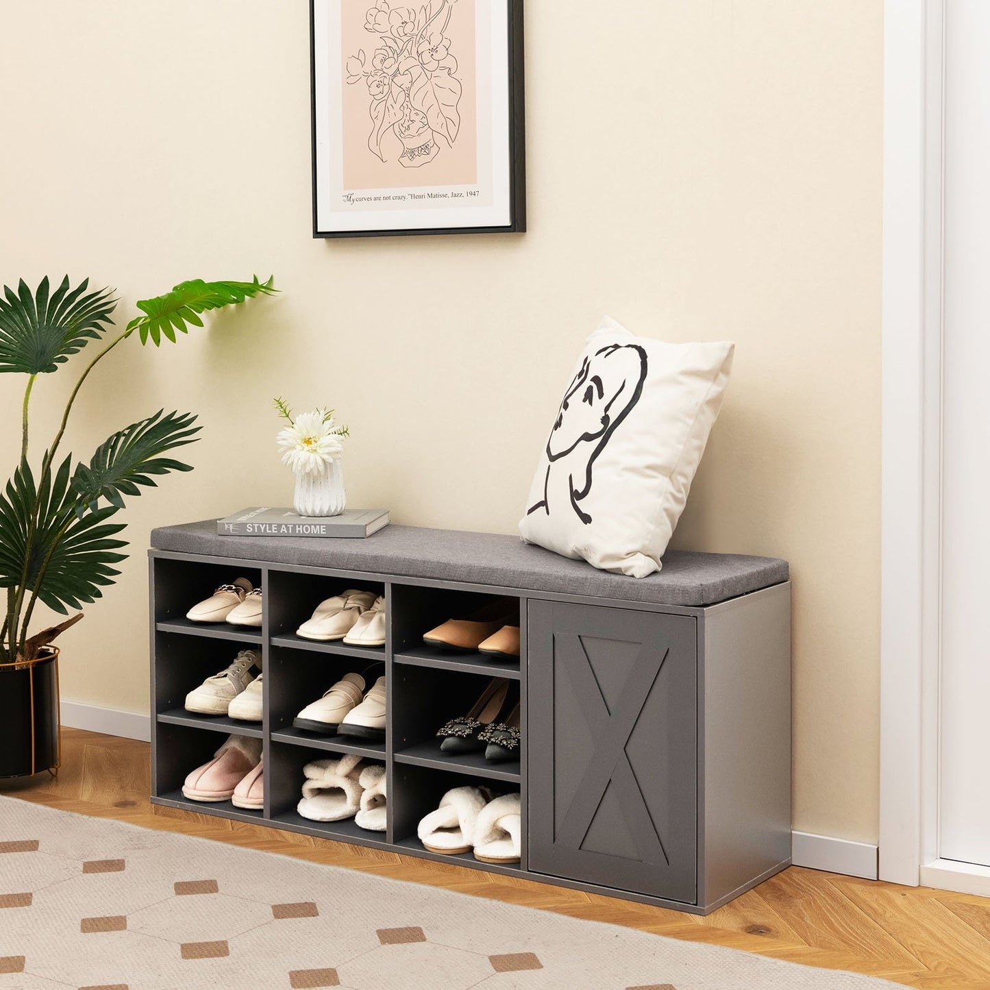 9-cube Shoe Bench with Adjustable Shelves and Removable Padded Cushion-Gray