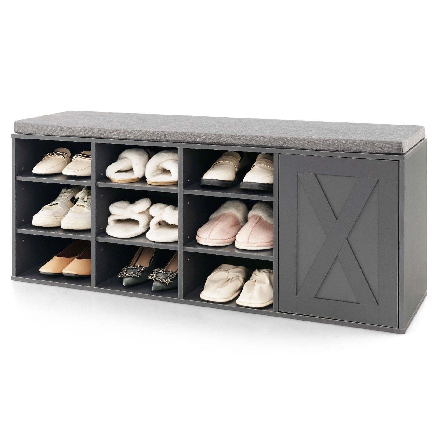 9-cube Shoe Bench with Adjustable Shelves and Removable Padded Cushion-Gray