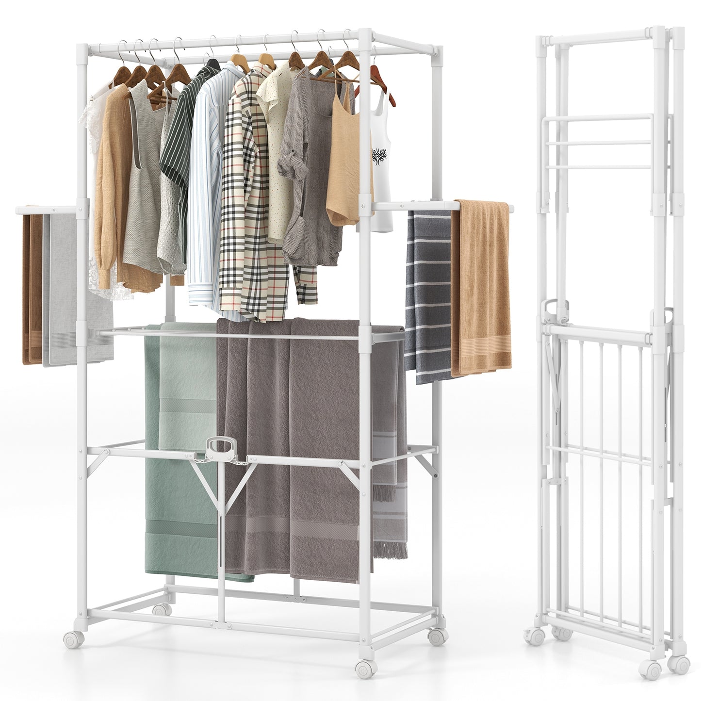 68.5 Inches Foldable Aluminum Laundry Rack with Hanging Rods and Drying Shelves-White