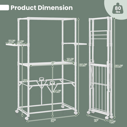 68.5 Inches Foldable Aluminum Laundry Rack with Hanging Rods and Drying Shelves-White