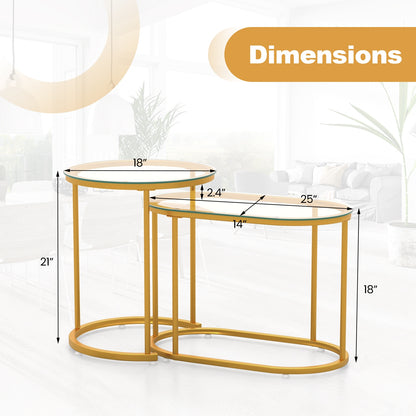 Nesting Coffee Table Set of 2 with Tempered Glass Tabletop-Golden