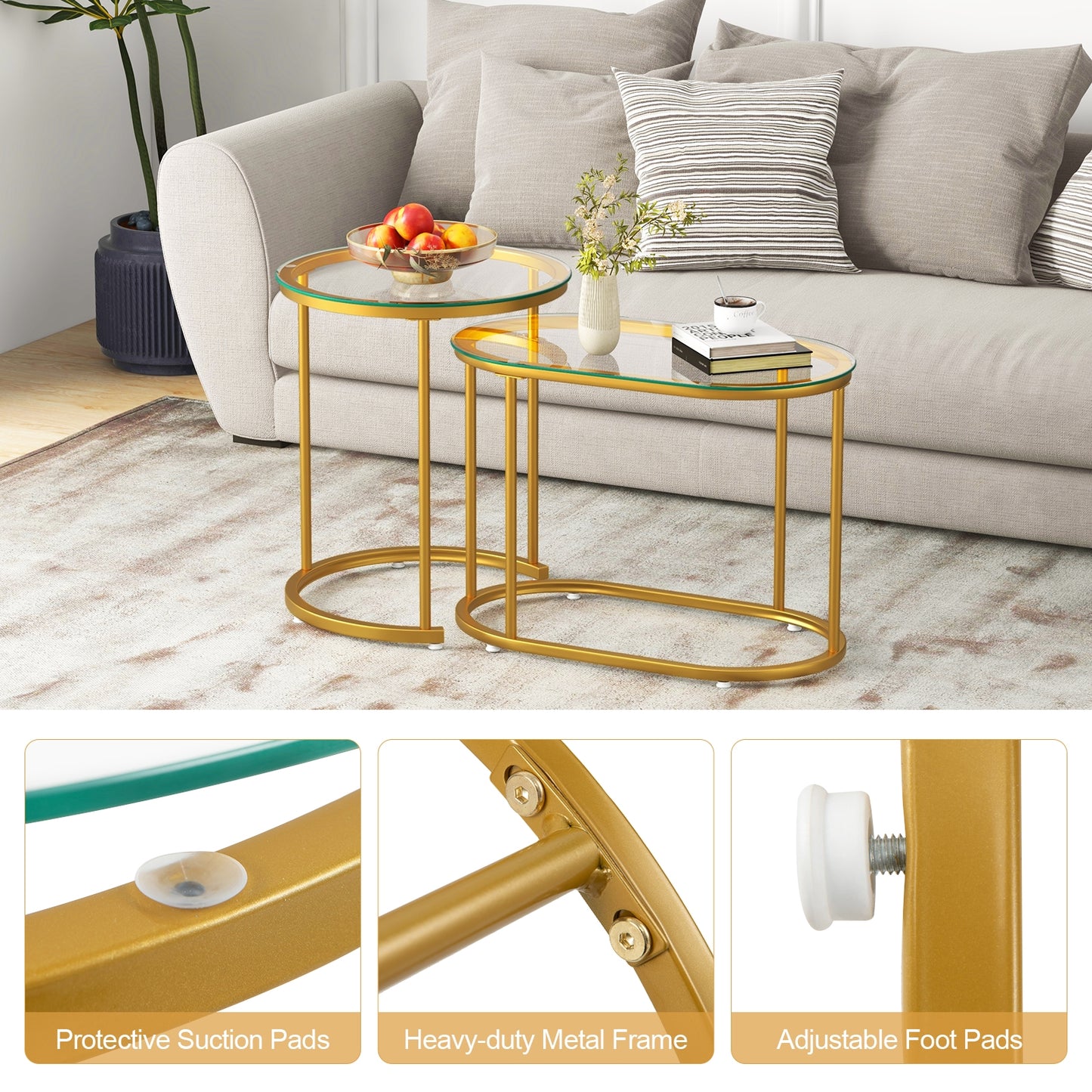 Nesting Coffee Table Set of 2 with Tempered Glass Tabletop-Golden