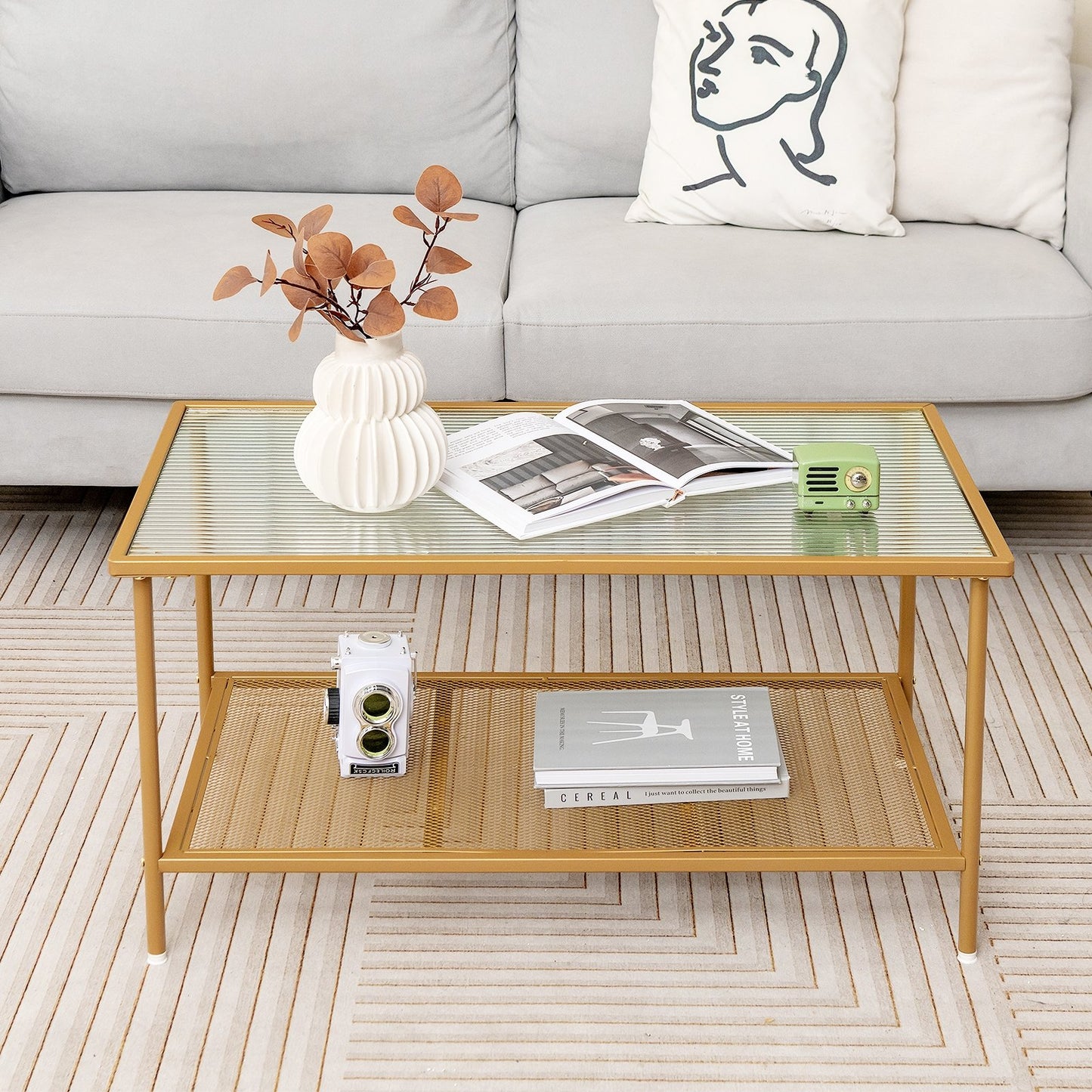 2-Tier Coffee Table with Shelf Center Tea Table with Tempered Glass Top-Golden