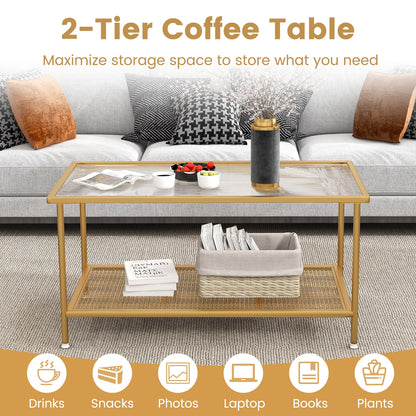 2-Tier Coffee Table with Shelf Center Tea Table with Tempered Glass Top-Golden