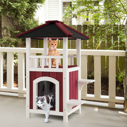 2-Story Wooden Cat House with Asphalt Roof Balcony and Rain Curtain-Red & White