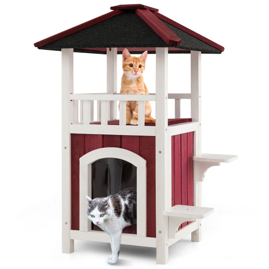 2-Story Wooden Cat House with Asphalt Roof Balcony and Rain Curtain-Red & White