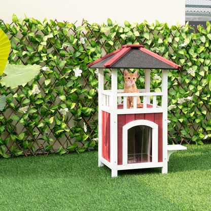 2-Story Wooden Cat House with Asphalt Roof Balcony and Rain Curtain-Red & White