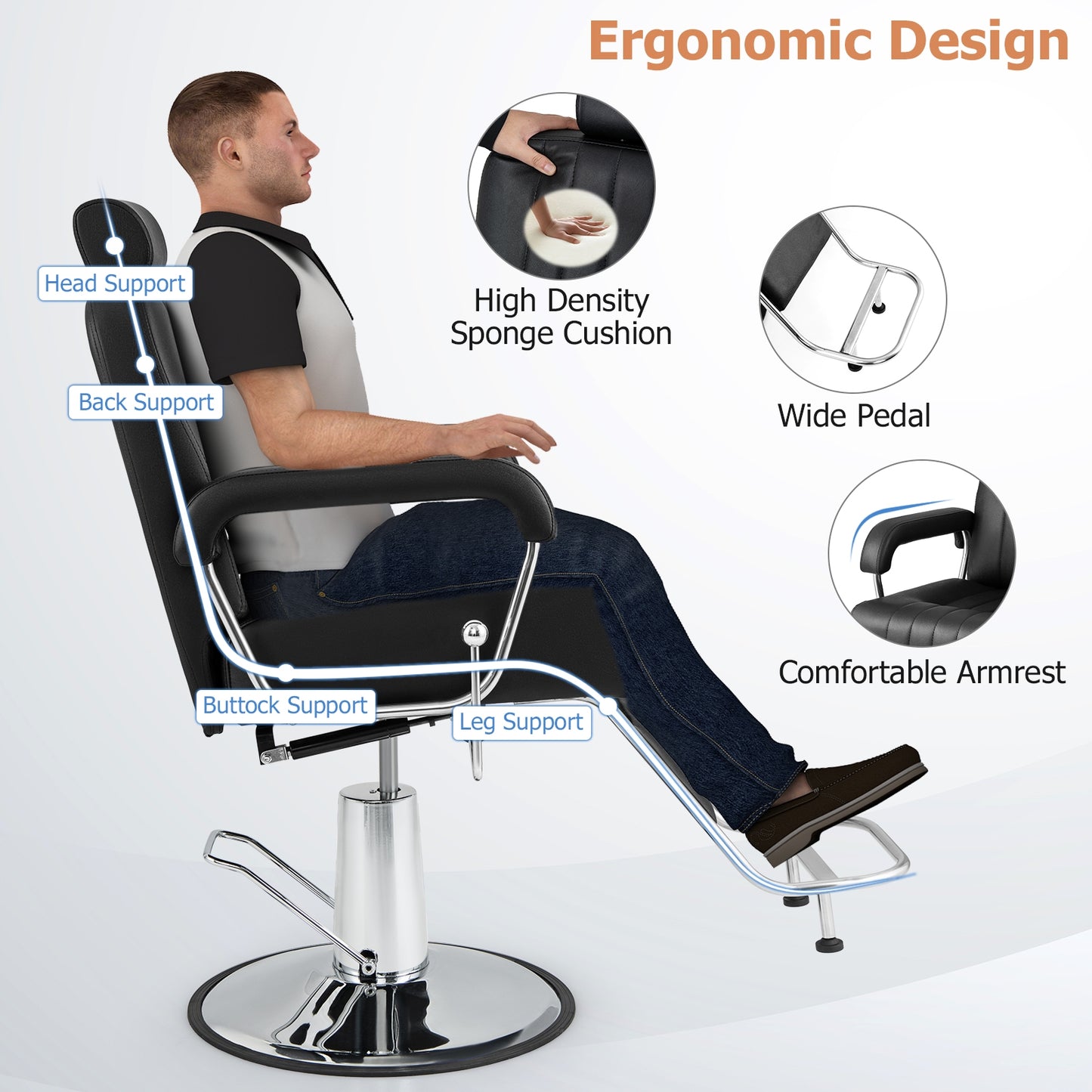 360 Degrees Swivel Salon Hydraulic Barber Chair with Adjustable Headrest and Reclining Backrest-Black