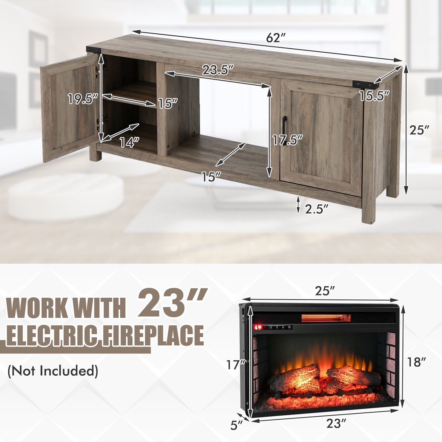 Electric Fireplace TV Stand with Storage Cabinets for TVs up to 70 Inch-Natural