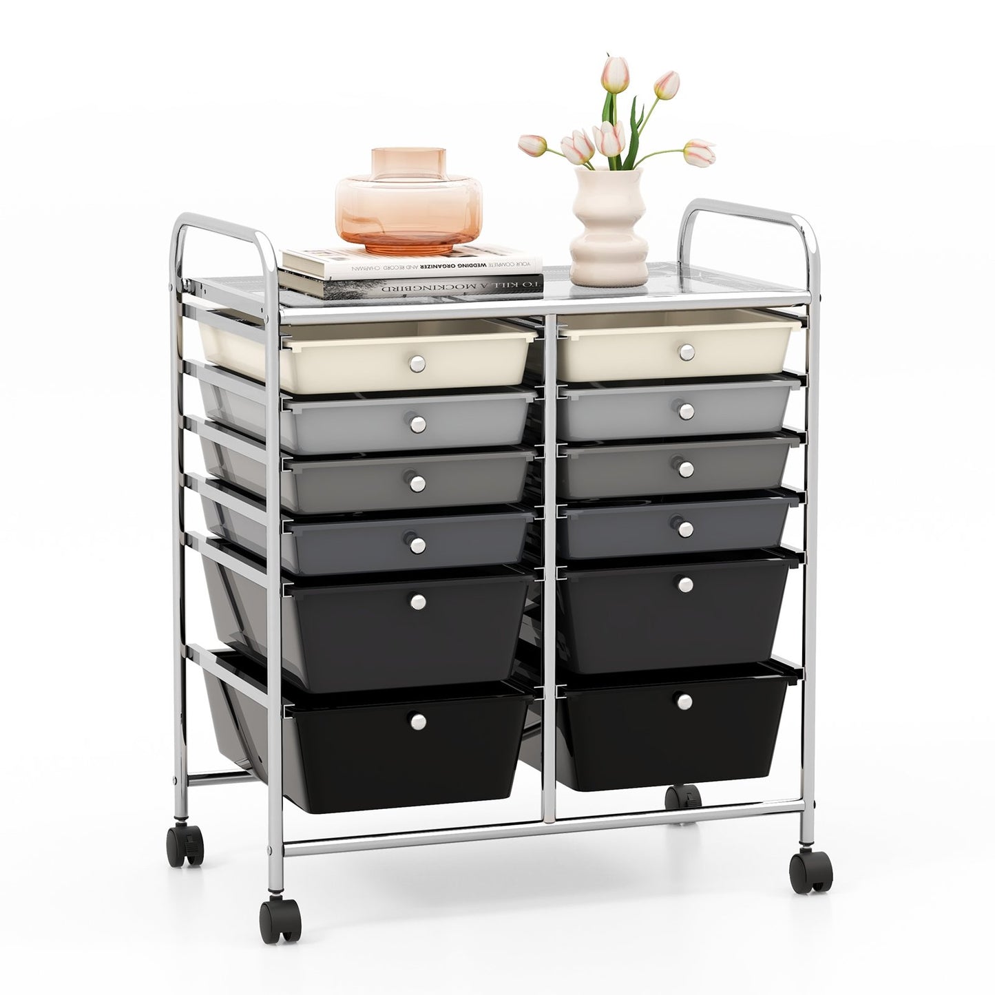 12-Drawer Rolling Storage Cart with Removable Drawers and Lockable Wheels-White