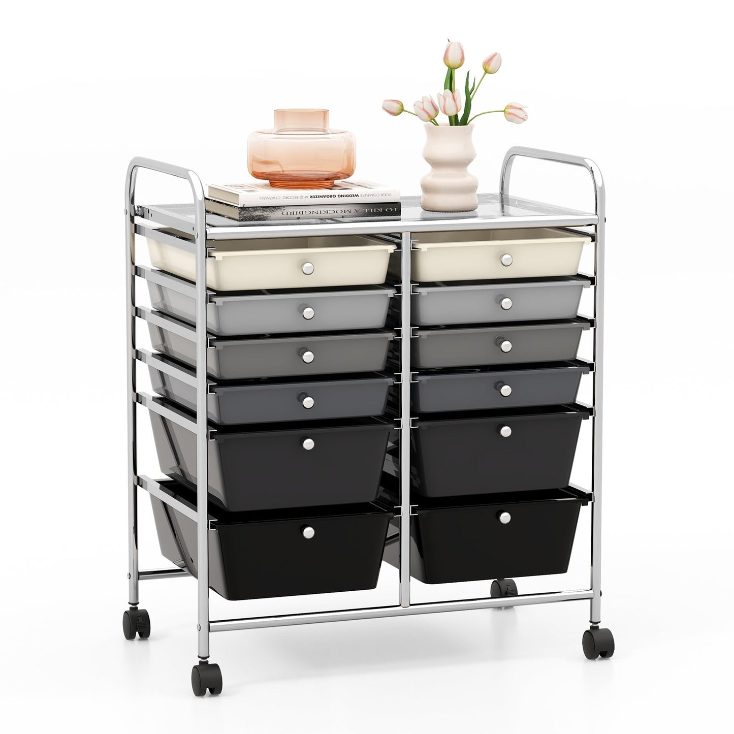 12-Drawer Rolling Storage Cart with Removable Drawers and Lockable Wheels-Gray