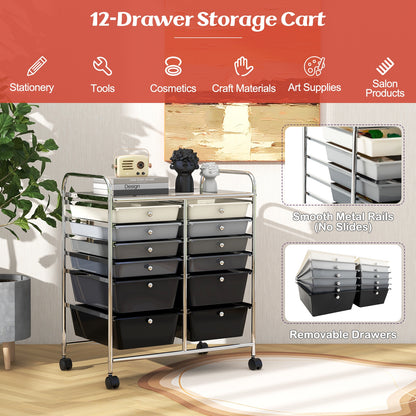 12-Drawer Rolling Storage Cart with Removable Drawers and Lockable Wheels-Gray