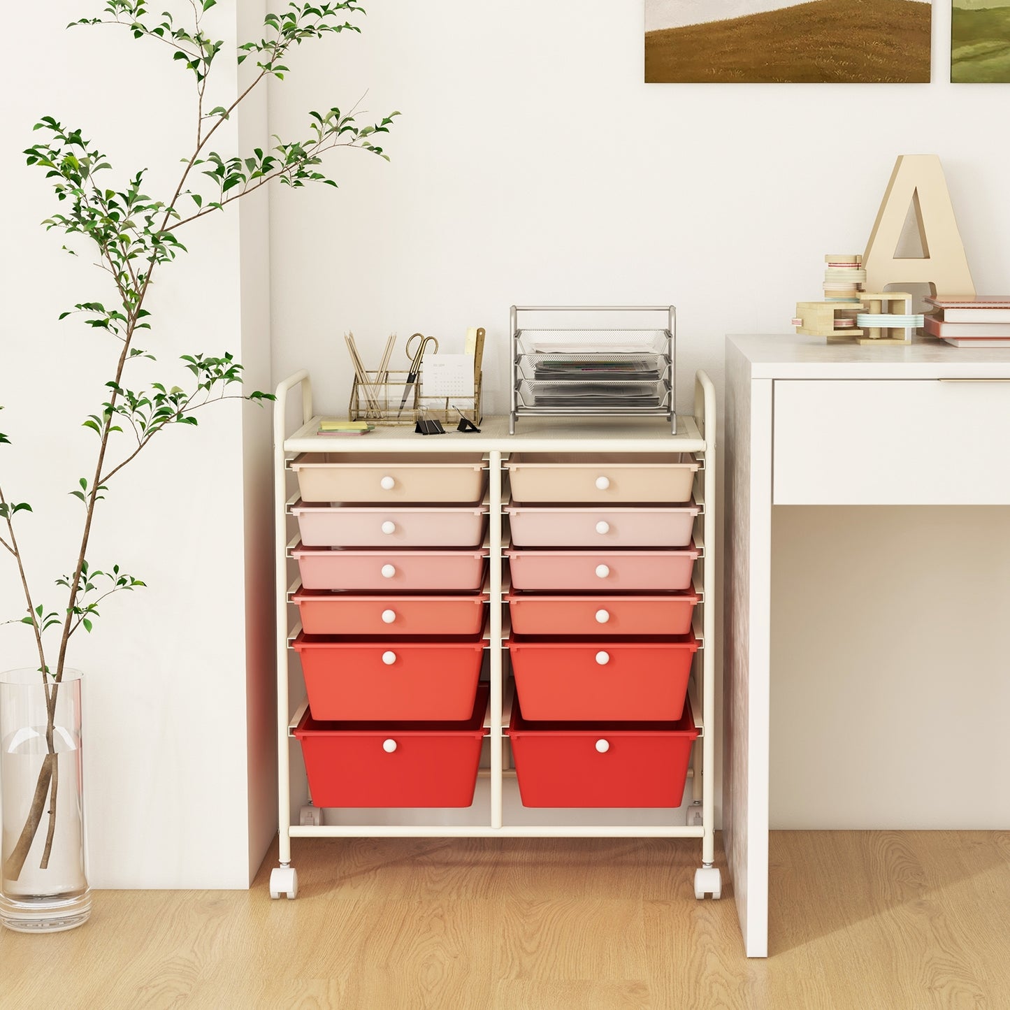 12-Drawer Rolling Storage Cart with Removable Drawers and Lockable Wheels-Pink