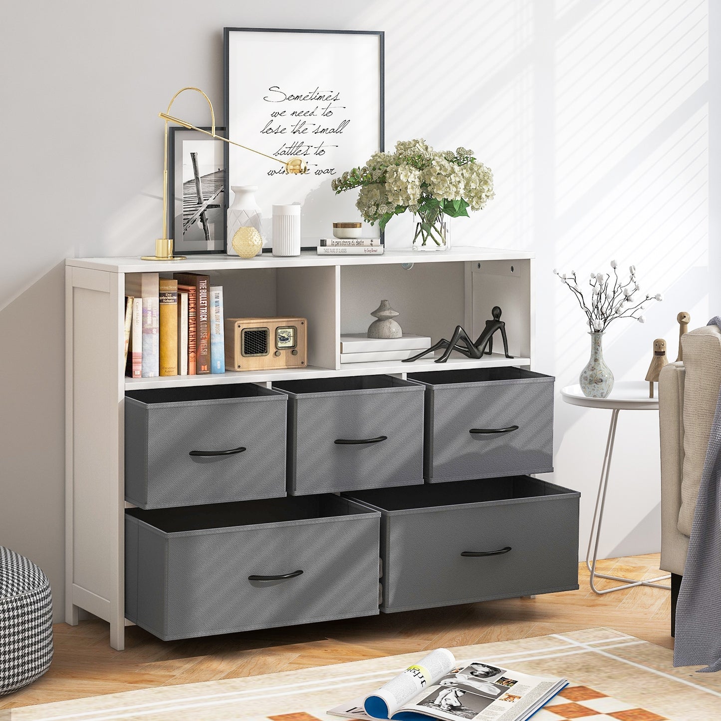 Fabric Dresser with 5 Drawers for Bedroom-White