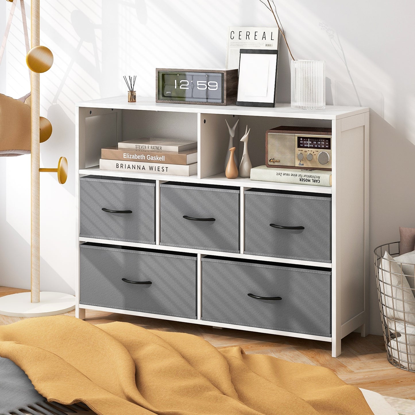 Fabric Dresser with 5 Drawers for Bedroom-White