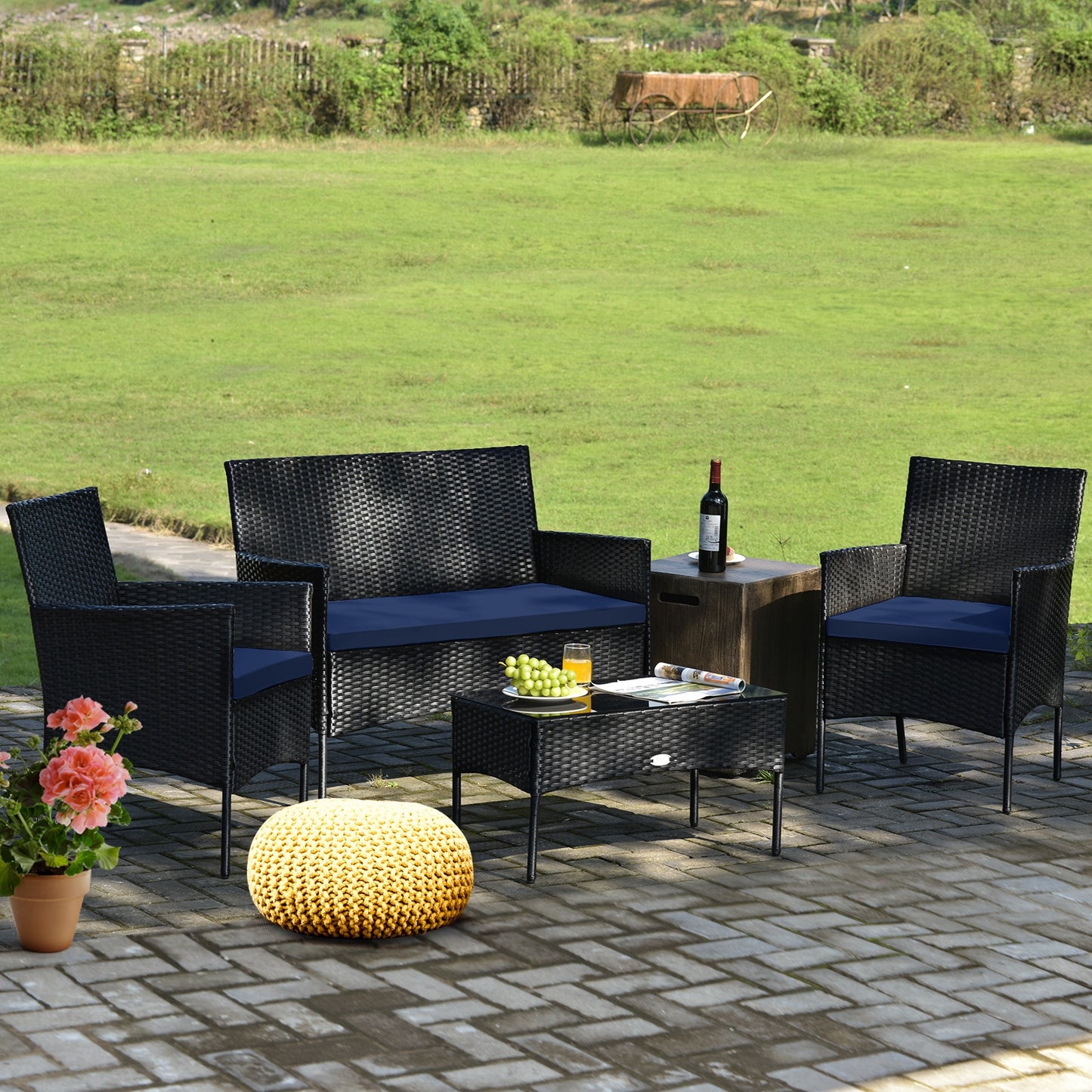 4 Pieces Patio Rattan Cushioned Sofa Set with Tempered Glass Coffee Table-Navy