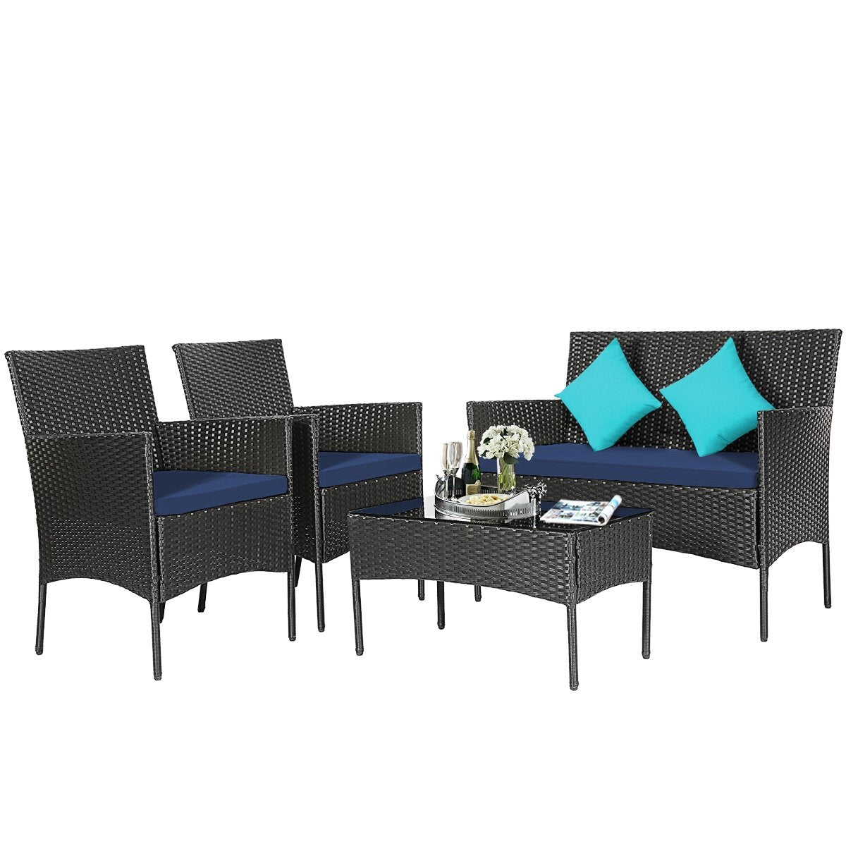 4 Pieces Patio Rattan Cushioned Sofa Set with Tempered Glass Coffee Table-Navy