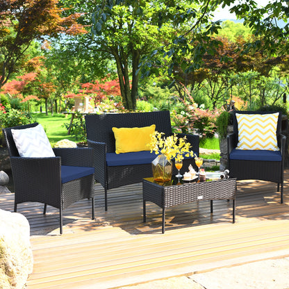 4 Pieces Patio Rattan Cushioned Sofa Set with Tempered Glass Coffee Table-Navy