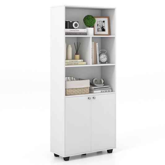 66 Inch Tall Double-Door Bookcase with Adjustable Shelf and Storage Cubes-White