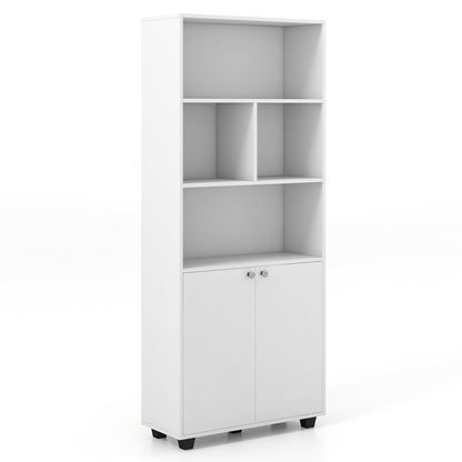 66 Inch Tall Double-Door Bookcase with Adjustable Shelf and Storage Cubes-White