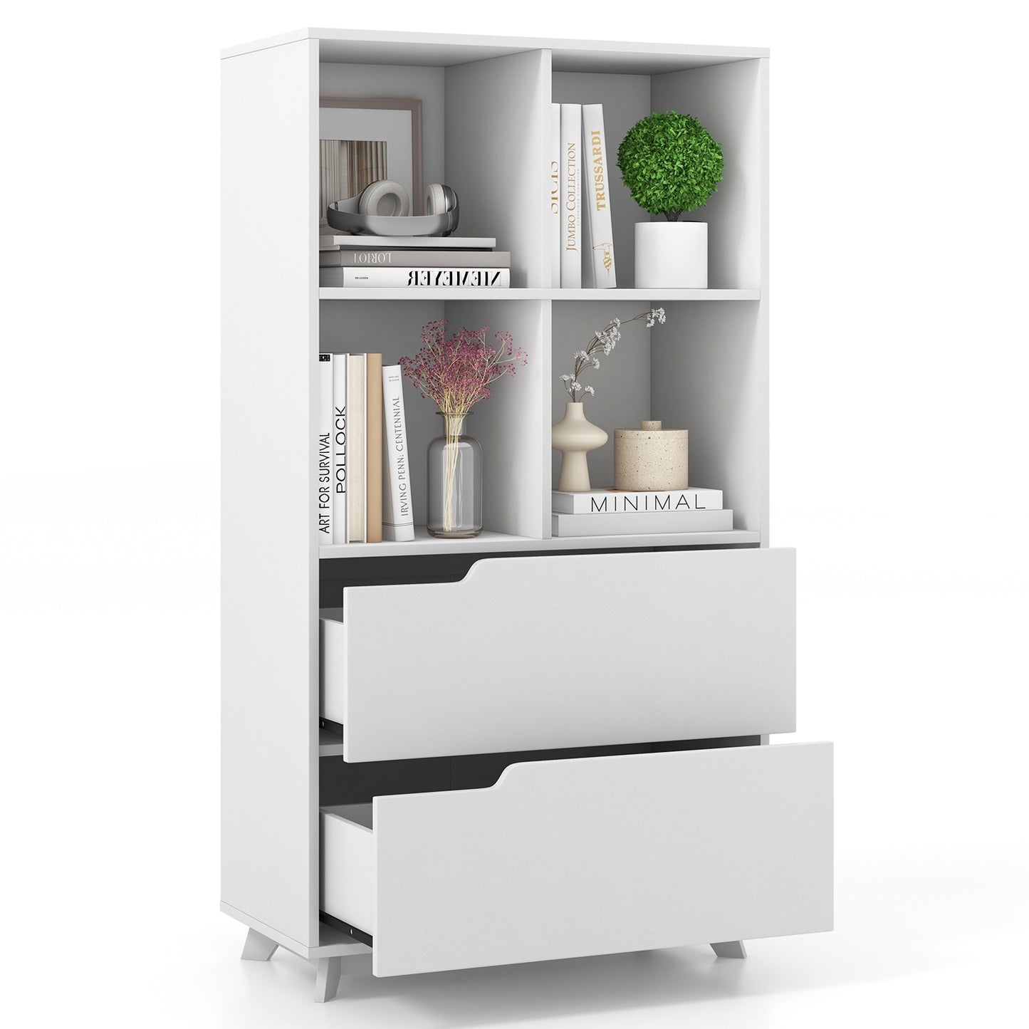 4-Tier Open Bookcase with 2 Drawers and 4 Storage Cubes-White