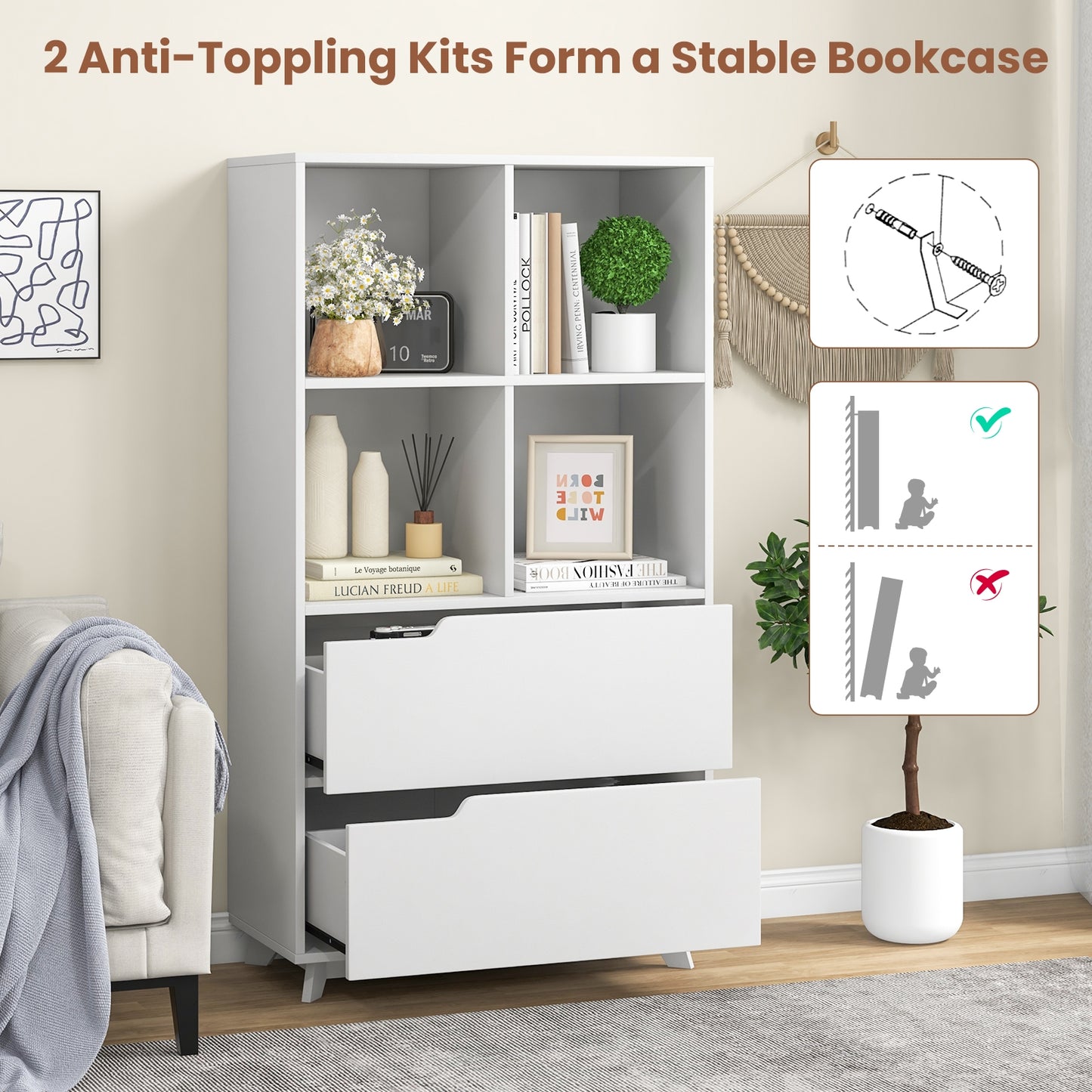 4-Tier Open Bookcase with 2 Drawers and 4 Storage Cubes-White