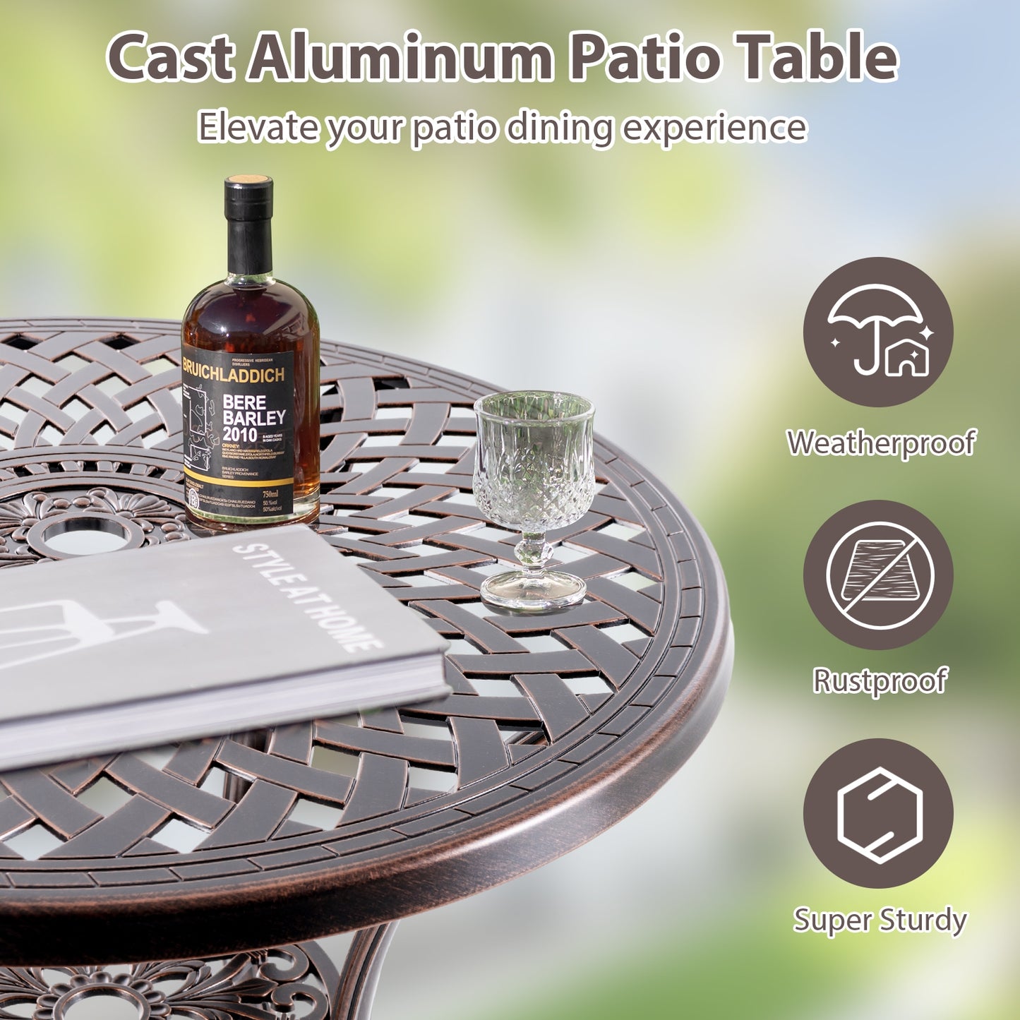 Patio Cast Aluminum Table 31 Inch Diameter Round Table with Umbrella Hole-Copper