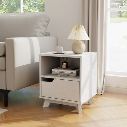 Mid Century Modern Bedside Table with Storage Drawer and Open Shelf-White