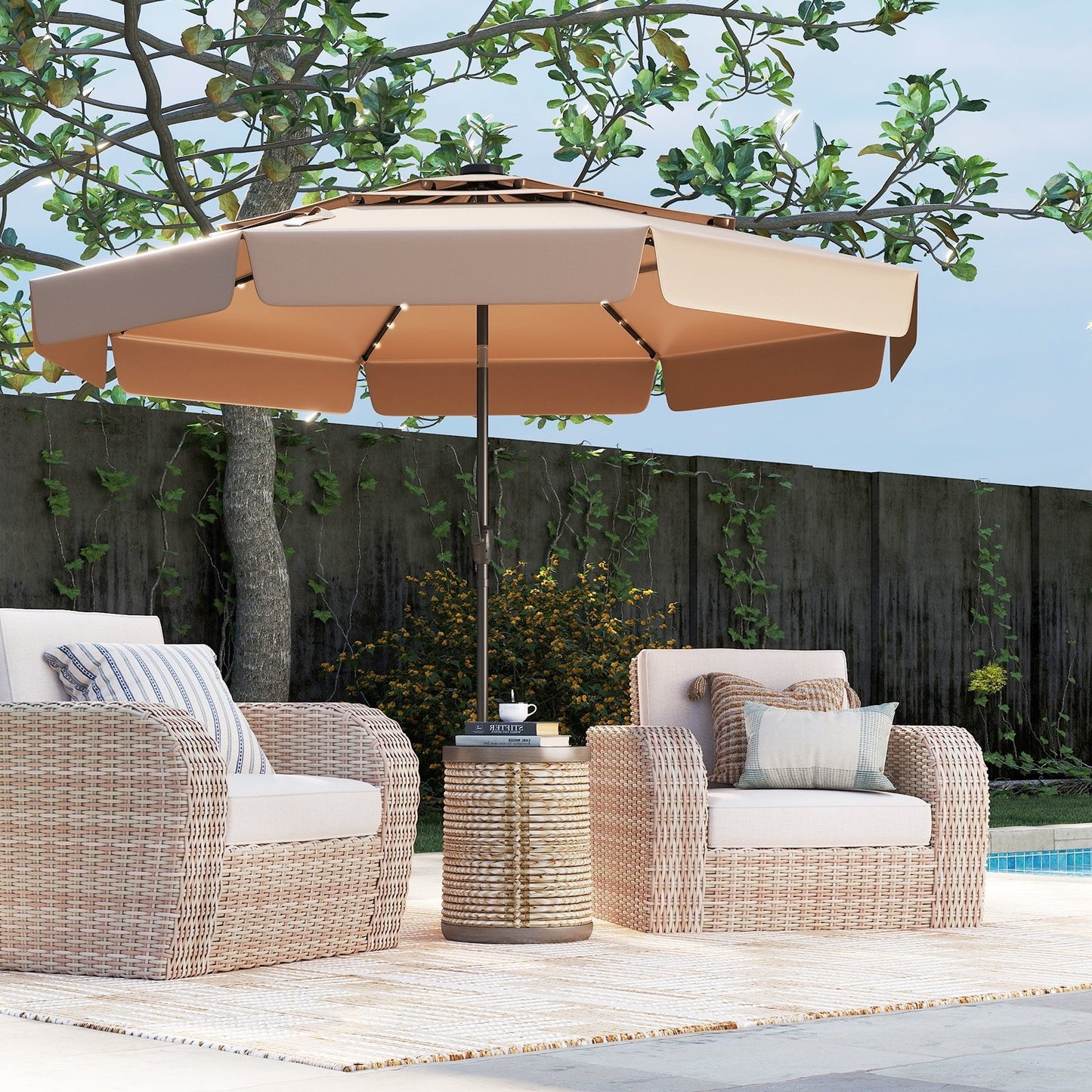 10 Feet Solar Patio Umbrella with 3-Tier Vented Top-Beige