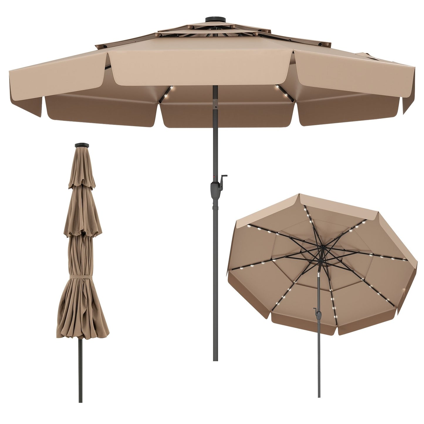10 Feet Solar Patio Umbrella with 3-Tier Vented Top-Beige