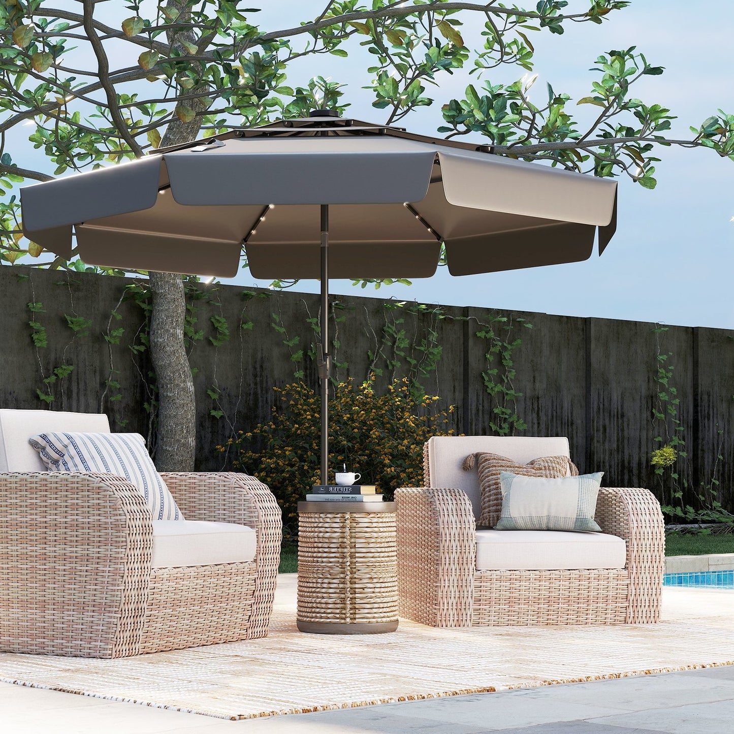 10 Feet Solar Patio Umbrella with 3-Tier Vented Top-Beige
