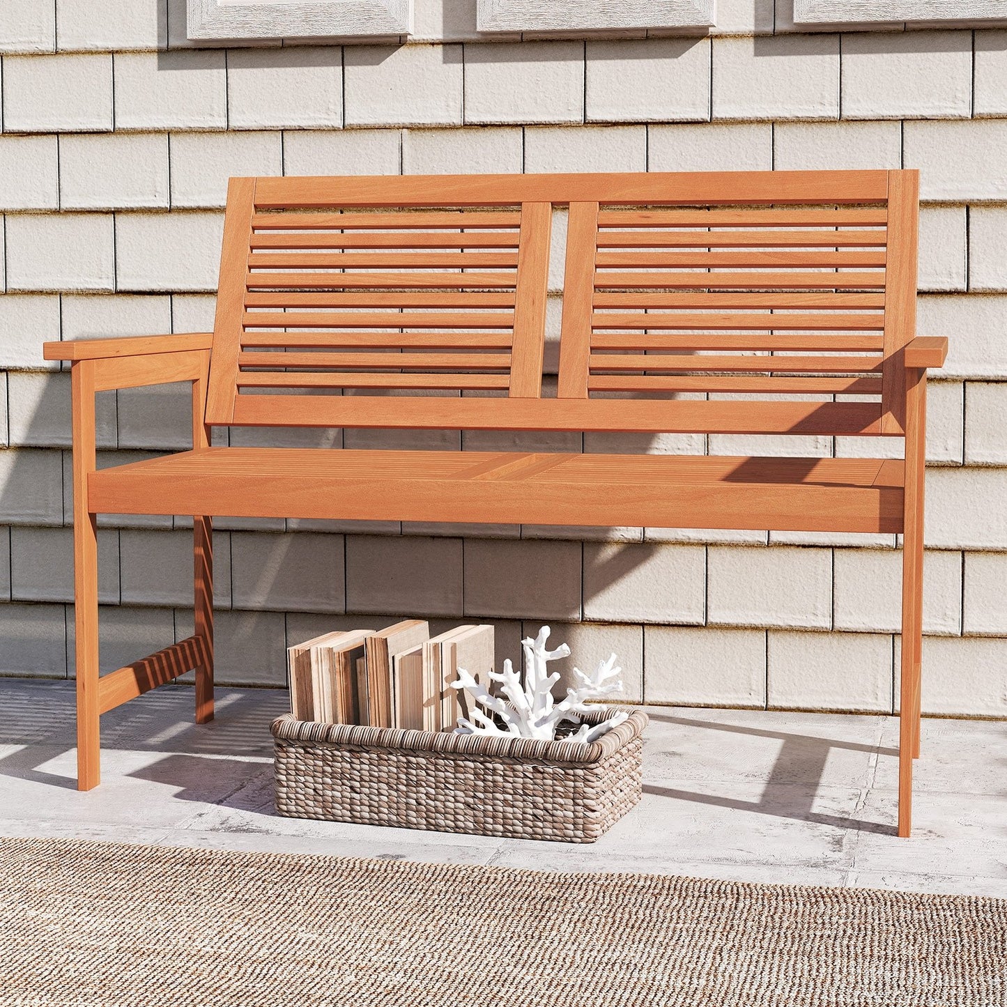 Outdoor Wooden Bench 2-Person Patio Bench with Slatted Backrest and Seat
