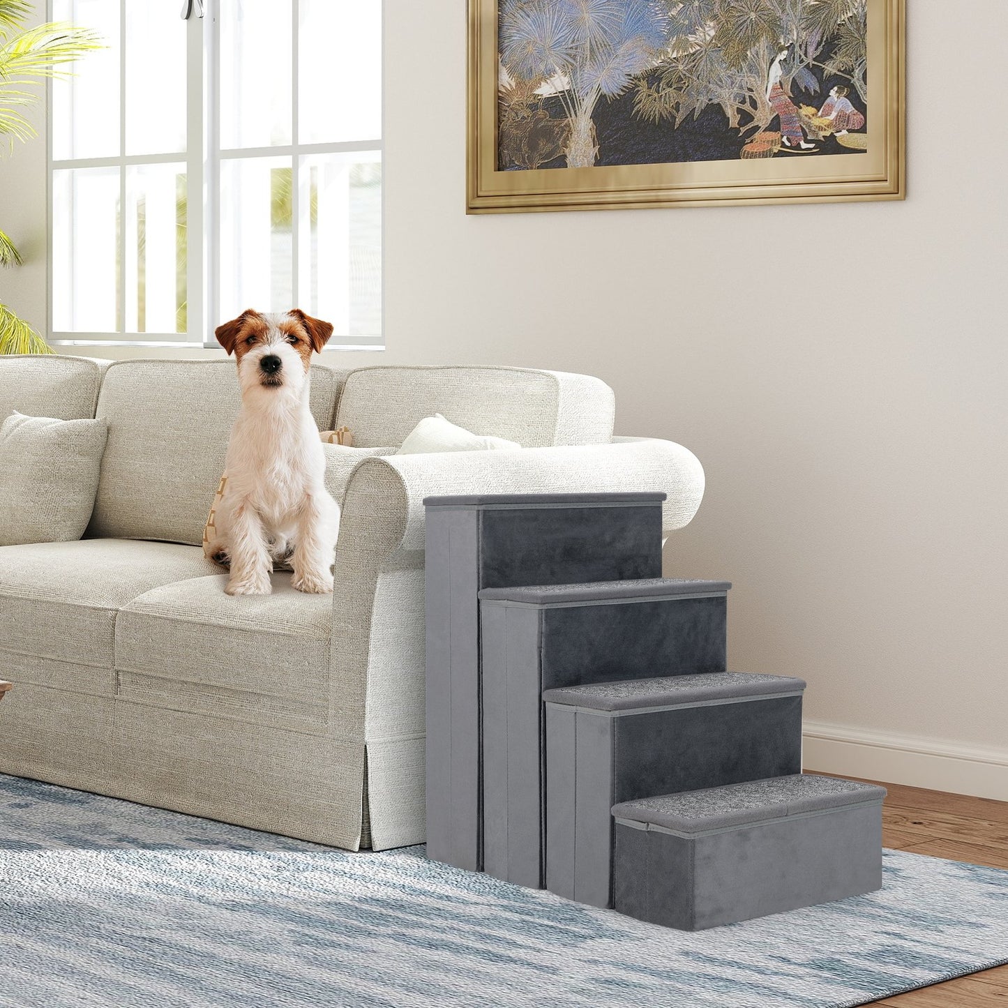 4-Step Dog Stairs Non-slip Foldable Dog Ramp with Adjustable Steps-Grey
