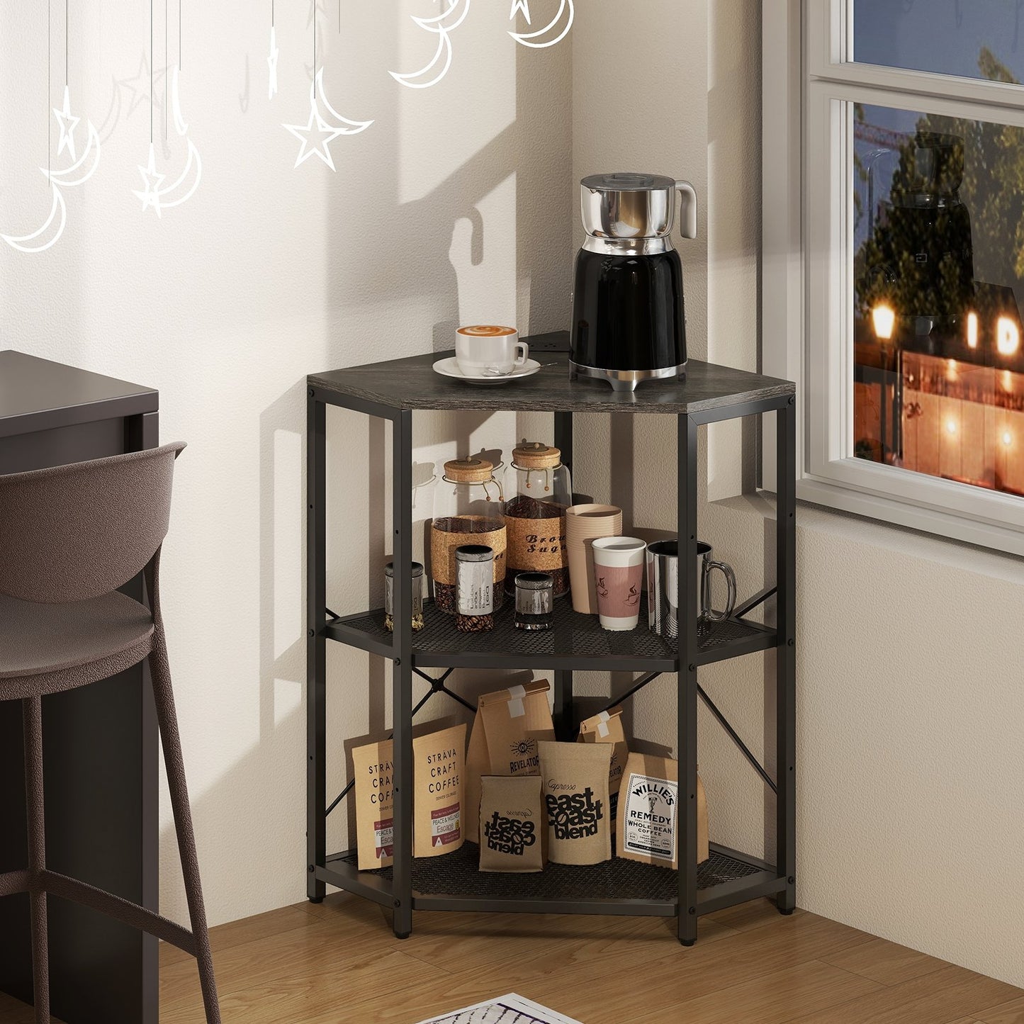 Corner Printer Stand with Power Outlet 3-Tier Storage Rack with Adjustable Shelf-Black