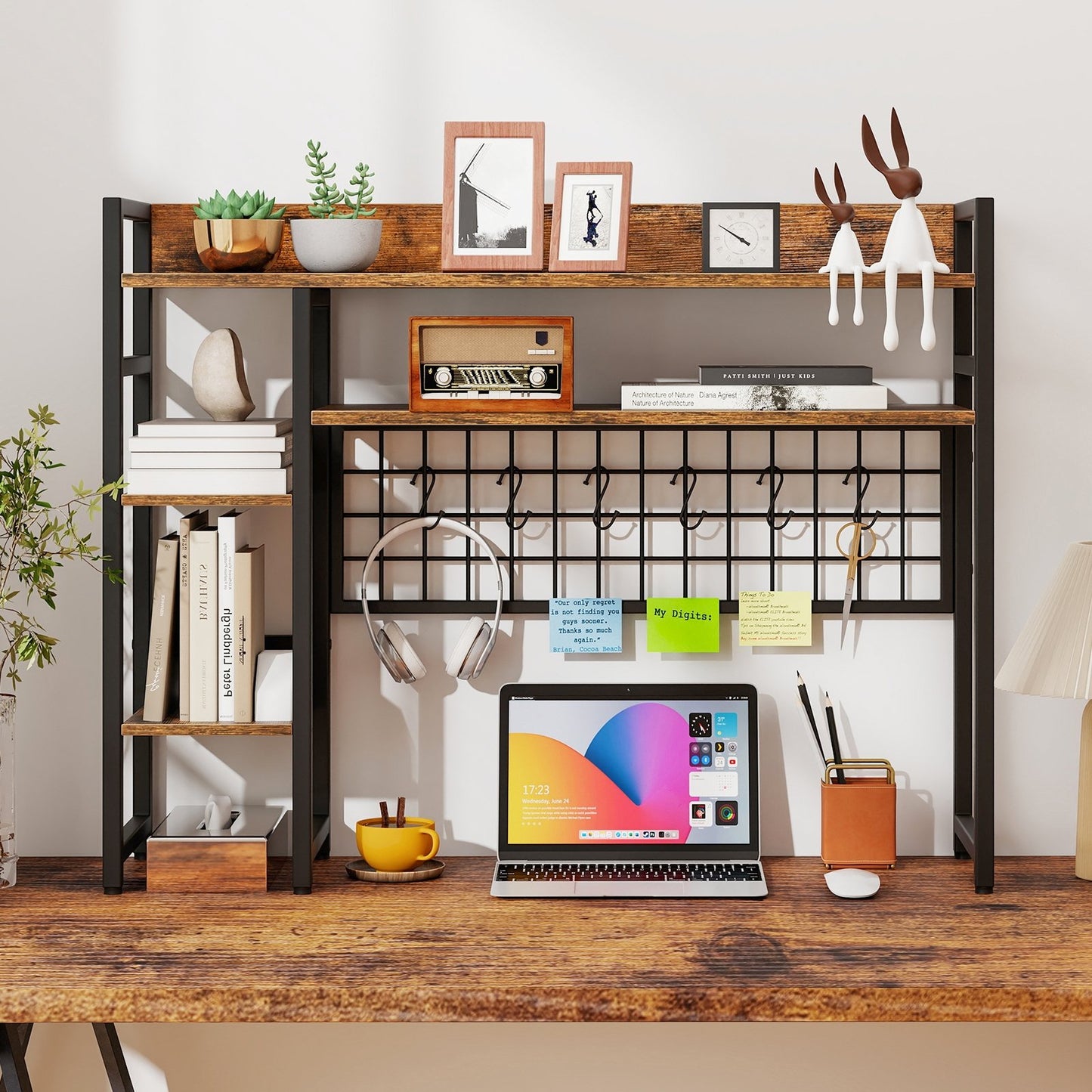 4-Tier Desk Shelf Desktop Display Rack with Metal Grid Panel and 6 Hooks-Black