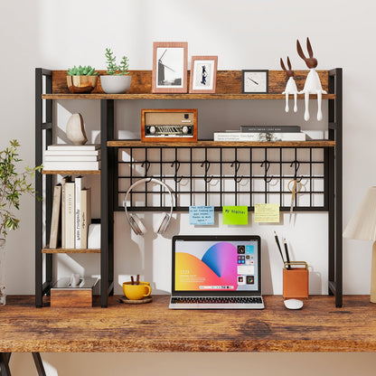 4-Tier Desk Shelf Desktop Display Rack with Metal Grid Panel and 6 Hooks-Black