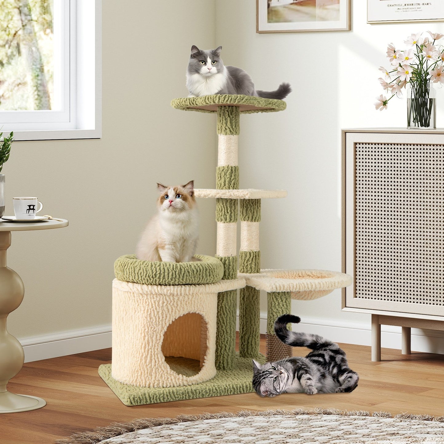 38 Inch Tall Multi-Level Aesthetic Kitten Tower with Condo and Bed-Green